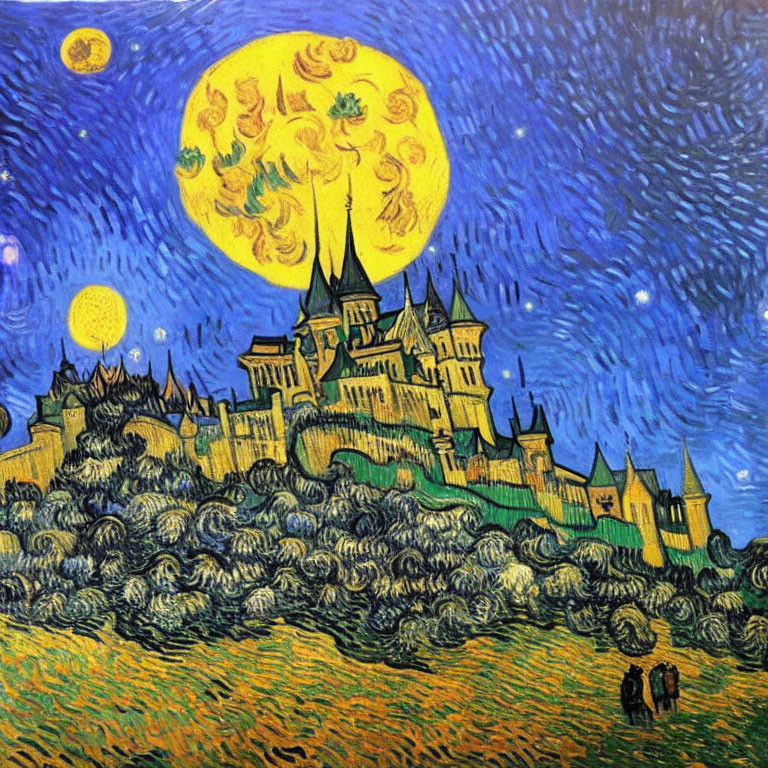 Starry night castle painting with moon and figures