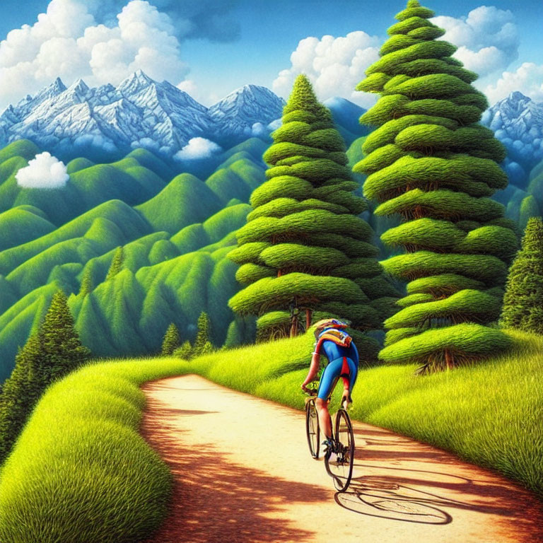 Colorful cyclist rides through whimsical landscape with spiral-topped hills