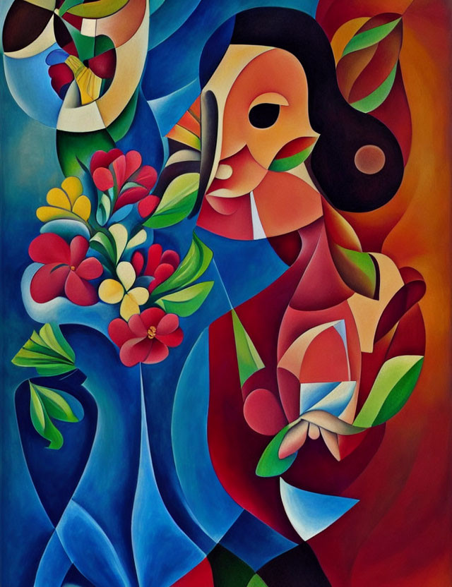 Colorful Abstract Painting of Woman with Flowers on Blue and Red Background