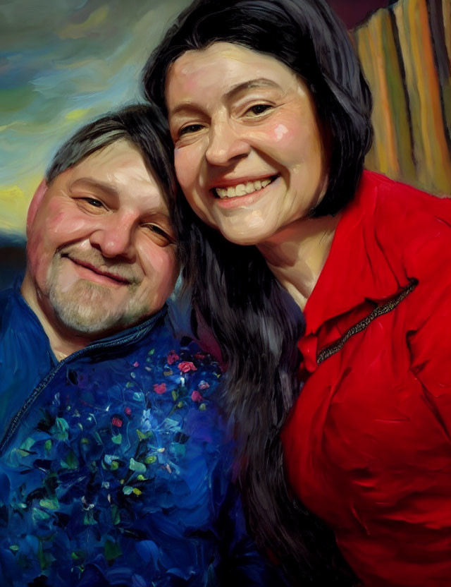 Smiling man and woman in floral and red tops pose closely in front of blurred background