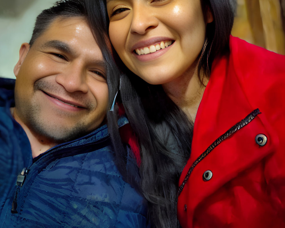 Smiling individuals in blue and red jackets pose together