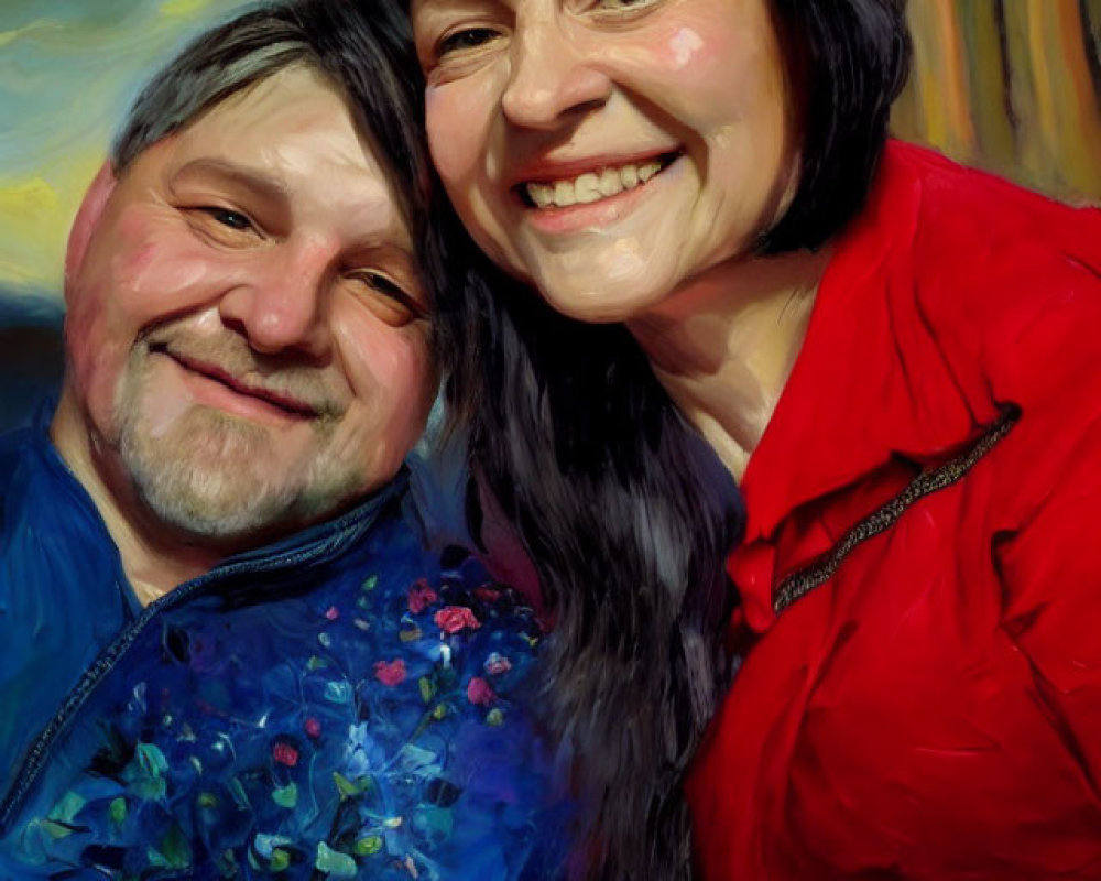 Smiling man and woman in floral and red tops pose closely in front of blurred background