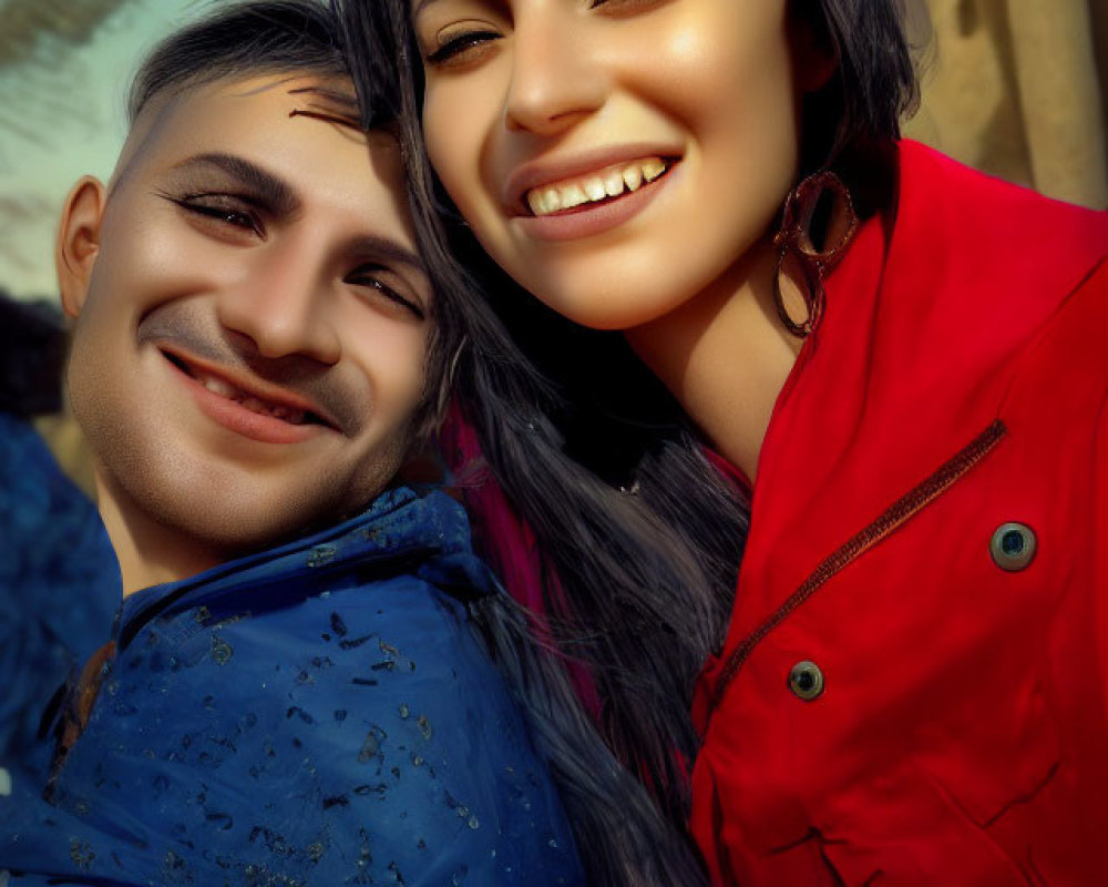 Smiling couple in red and blue jackets on sunny day