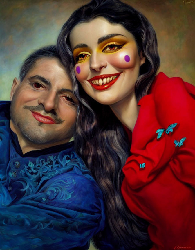 Stylized portrait of two smiling individuals in unique outfits