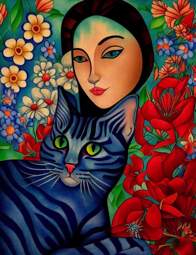 Colorful Artwork of Stylized Woman and Striped Cat Among Vibrant Floral Background