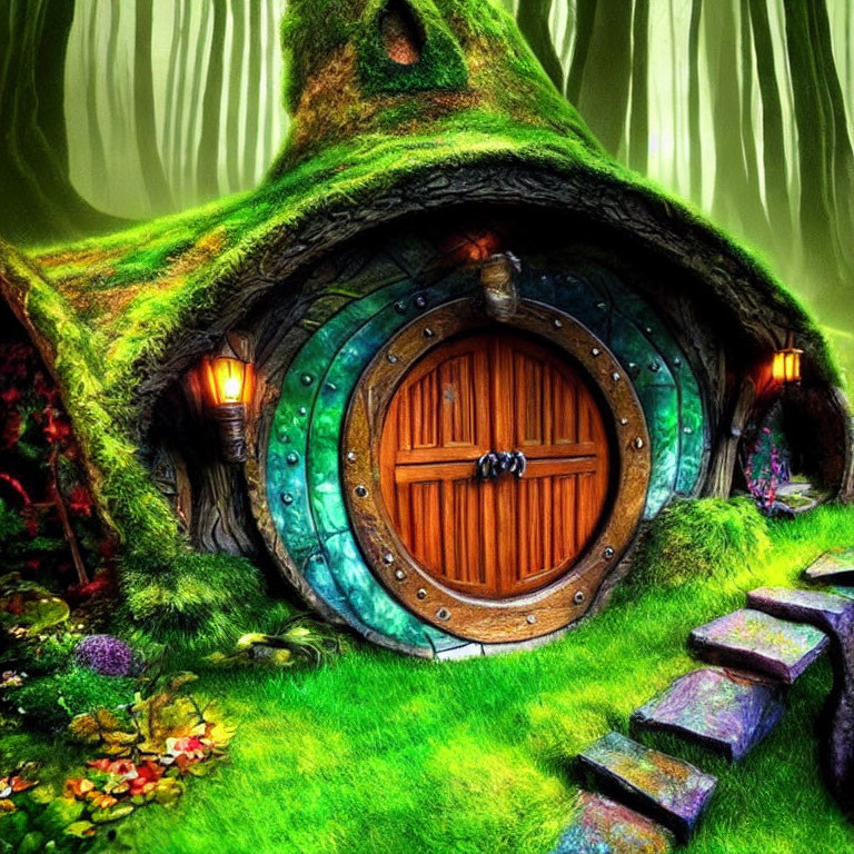 Whimsical round wooden door on mossy hillside with lanterns