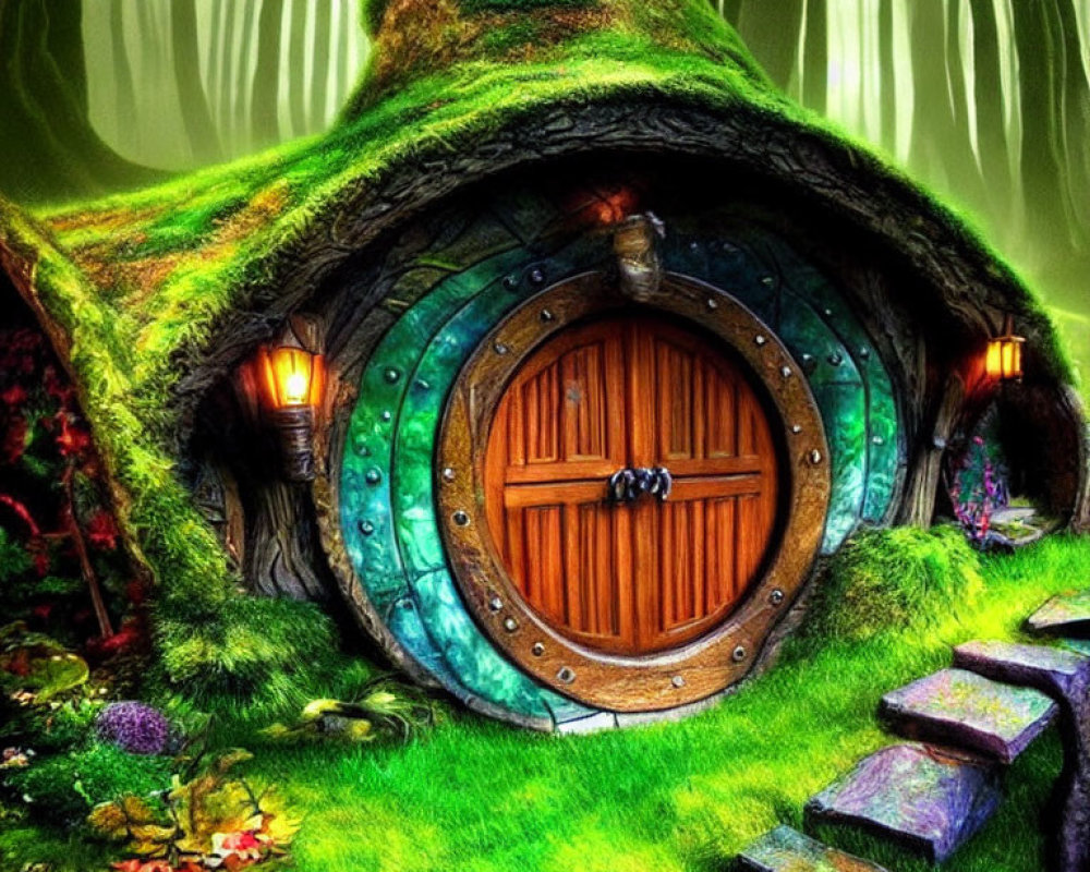 Whimsical round wooden door on mossy hillside with lanterns