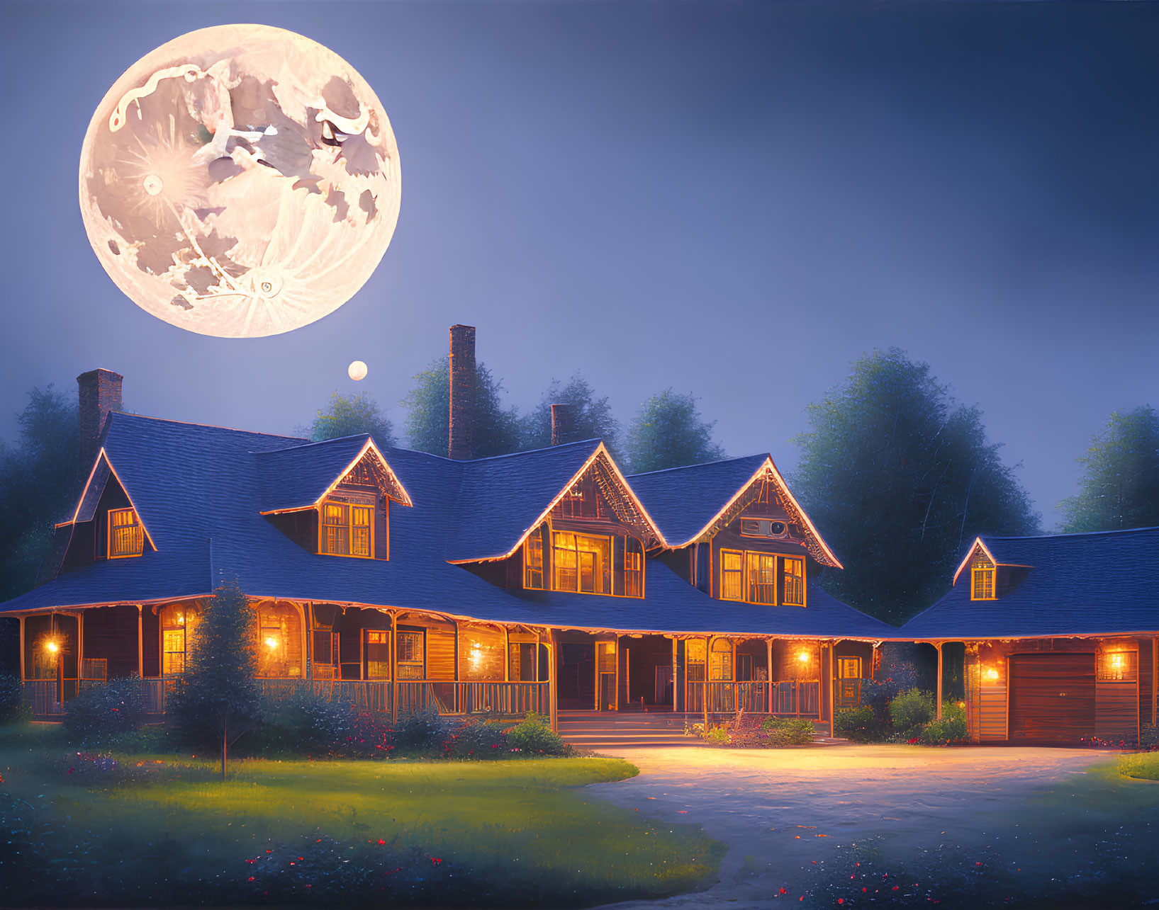 Cozy illuminated house under full moon and starry sky