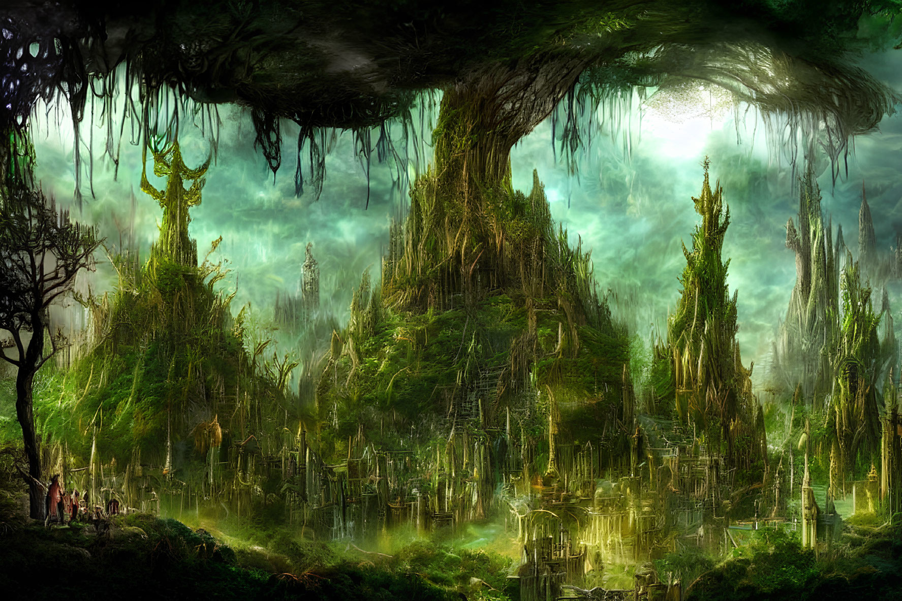 Enchanting green forest with towering trees and ancient ruins