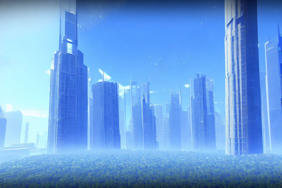 Futuristic cityscape with towering skyscrapers and floating particles