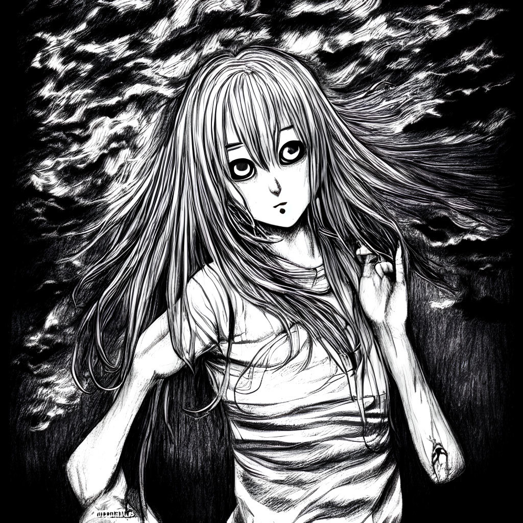 Monochrome anime girl sketch with long hair and intense gaze on textured dark background.