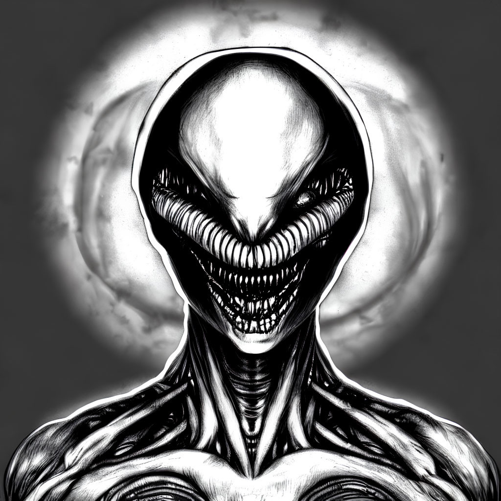 Sinister alien with elongated head and sharp teeth in monochromatic digital art