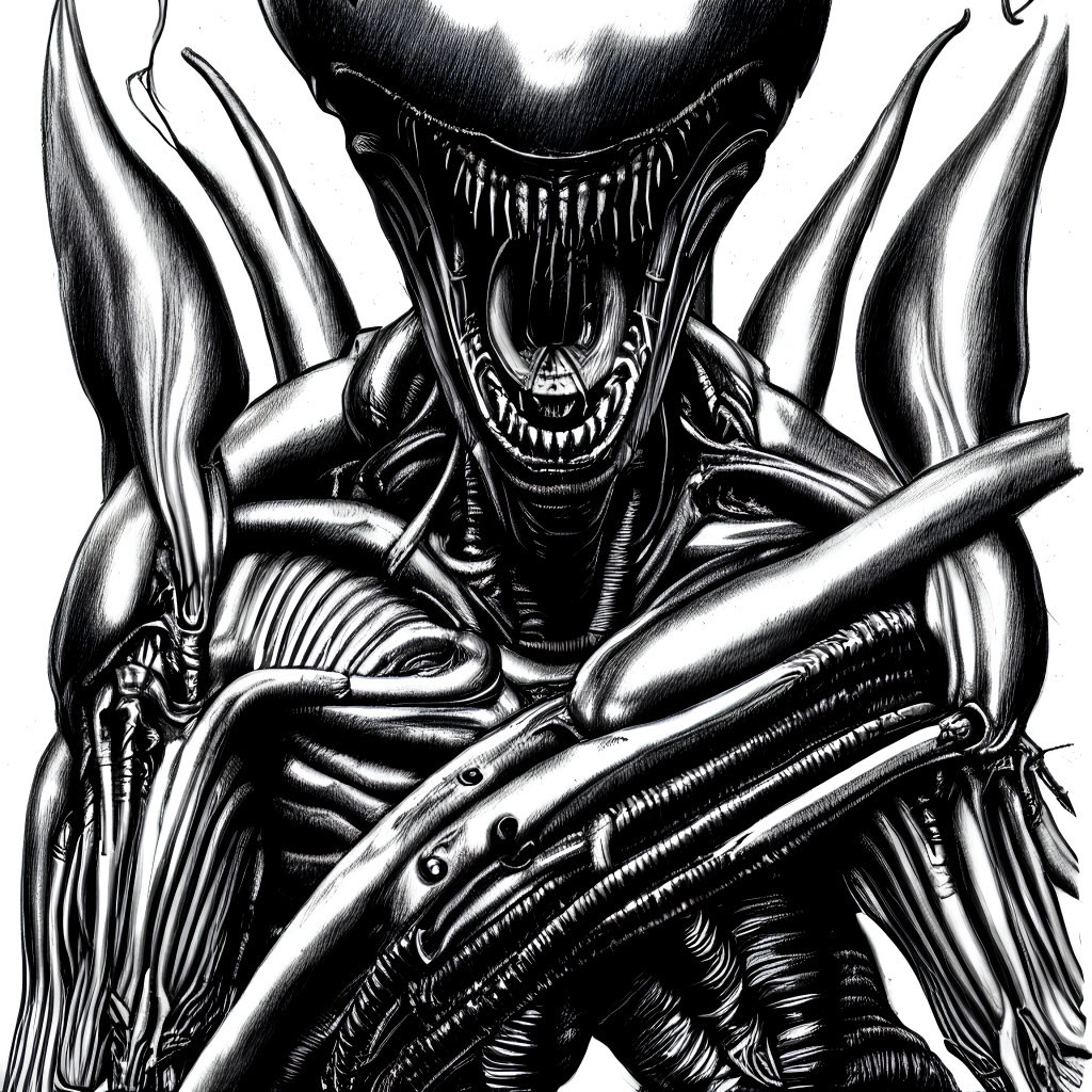 Monochrome Xenomorph illustration with elongated skull and biomechanical body