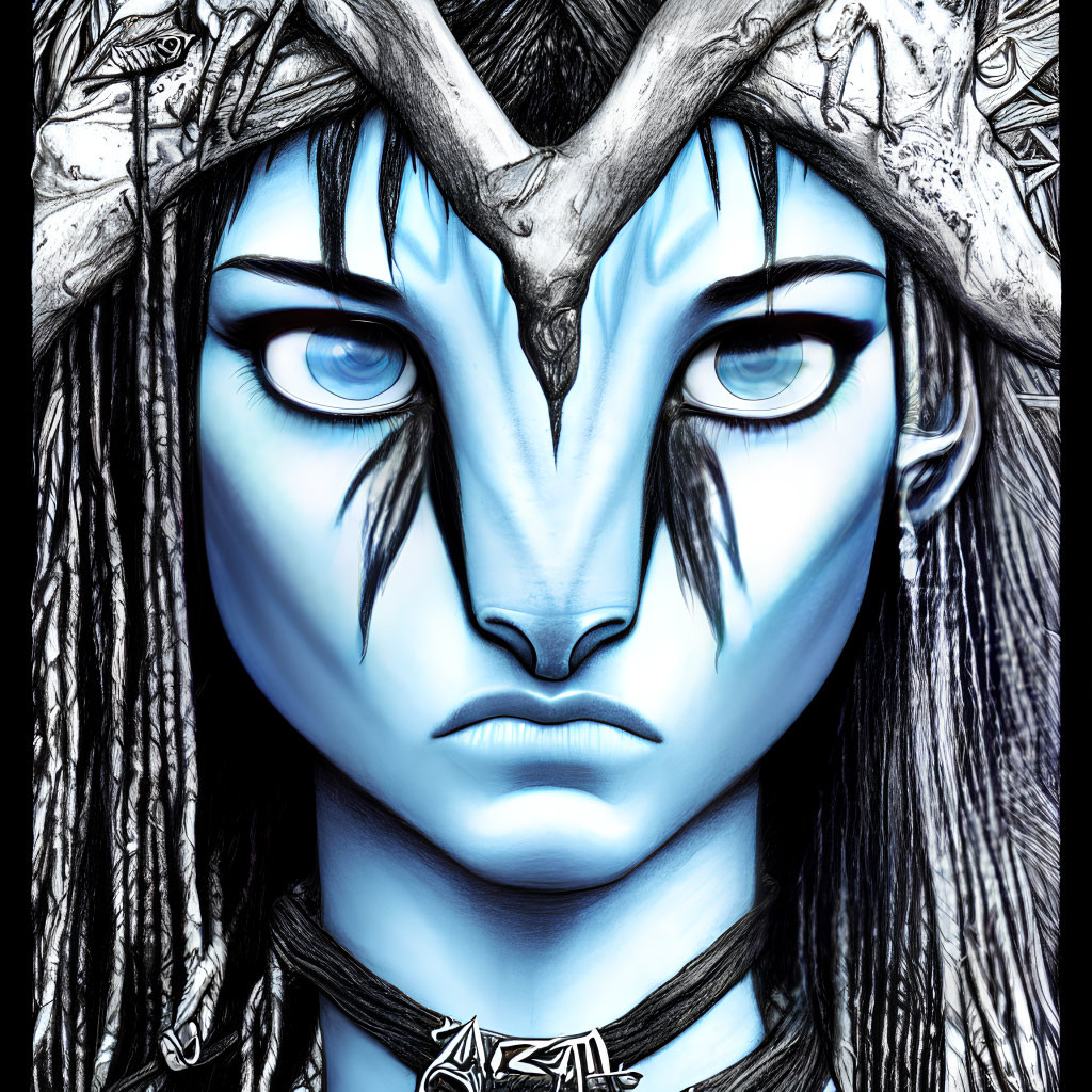 Detailed close-up of character with blue skin, yellow eyes, and branch crown.