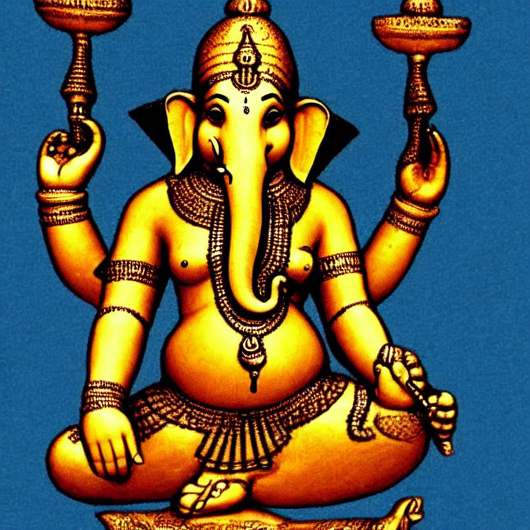 Illustration of Hindu deity Ganesha with elephant head and four arms on blue background