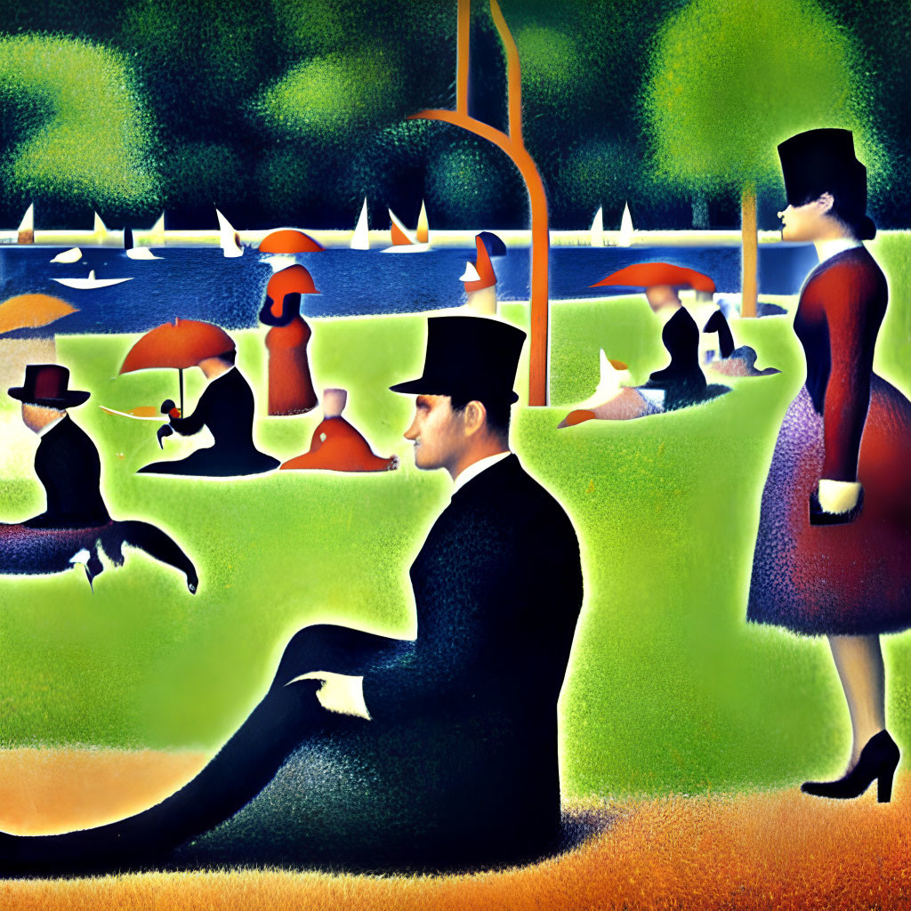 Colorful surreal painting of elegant figures with oversized heads in a stylized park, featuring abstract shapes and