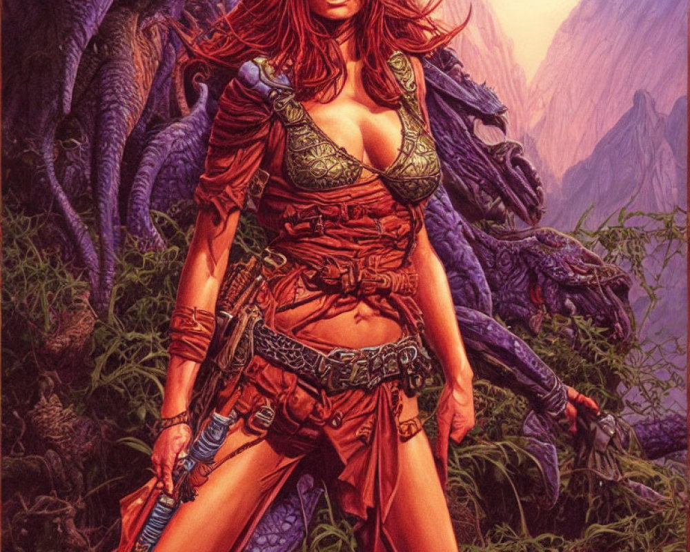 Red-haired warrior woman in fantasy armor with sword and dragon in background