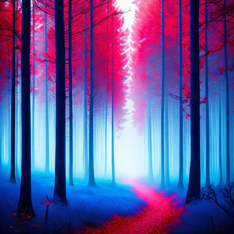 Vibrant path in mystical forest with blue fog and glowing red leaves