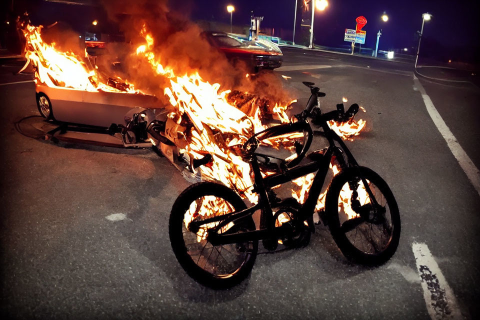 Bicycle on empty street with burning car at night