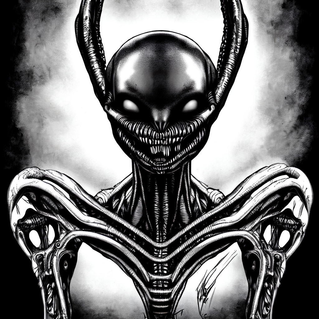 Monochrome illustration of alien with elongated head and biomechanical body