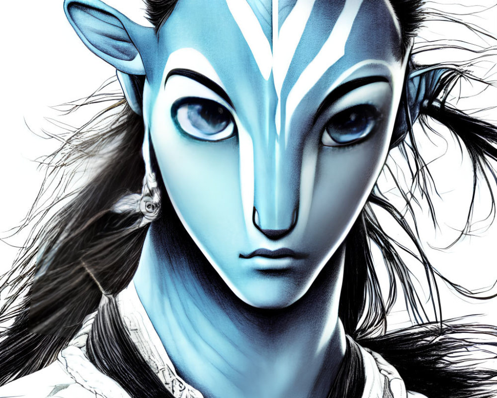 Detailed illustration of character with blue skin, large expressive eyes, pointed ears, and tribal white markings.