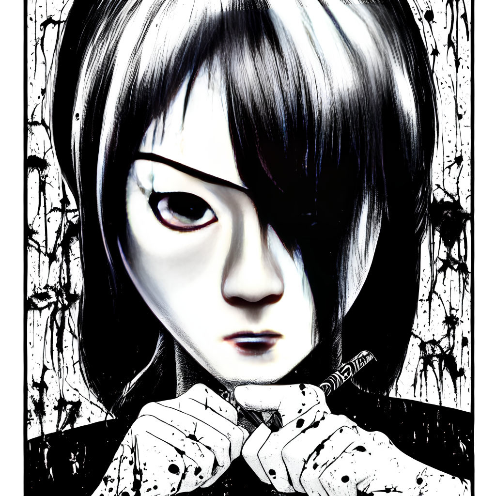 Monochrome illustration of a person with striking eyes and ink effects