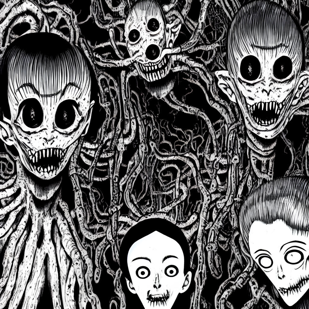 Monochrome illustration of exaggerated, grotesque characters with large eyes and mouths intertwined with root-like patterns