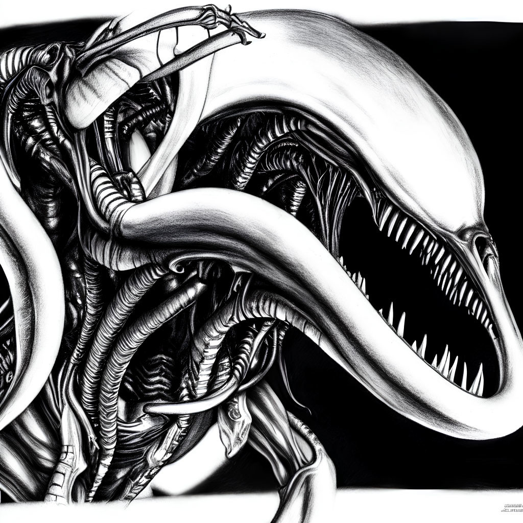 Detailed black and white drawing of Xenomorph Alien with elongated head and sharp teeth