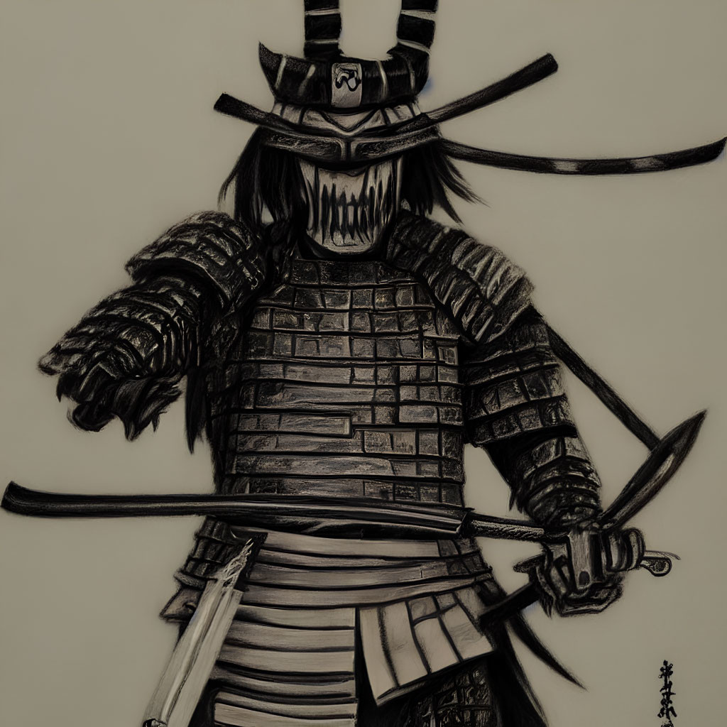 Monochromatic samurai drawing in traditional armor with sword and kanji signature