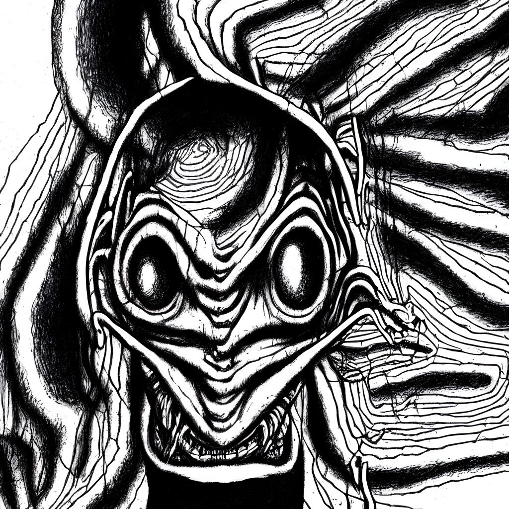 Monochrome sketch of stylized alien with swirling abstract patterns