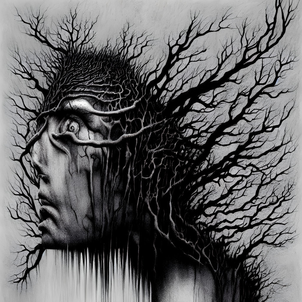 Monochrome artwork of human profile merging with tree branches