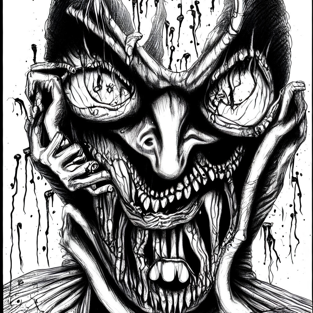 Detailed monochrome sketch of a grotesque creature with exaggerated facial features and multiple eyes on a dripping background