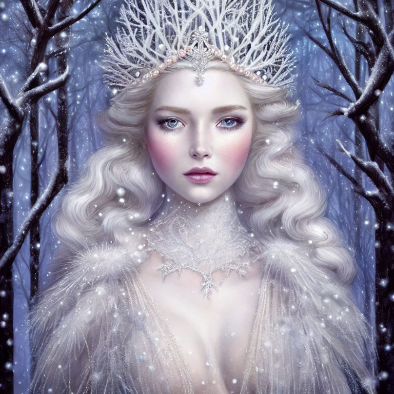 Mystical Ice Queen with Sparkling Crown in Enchanted Snowy Forest