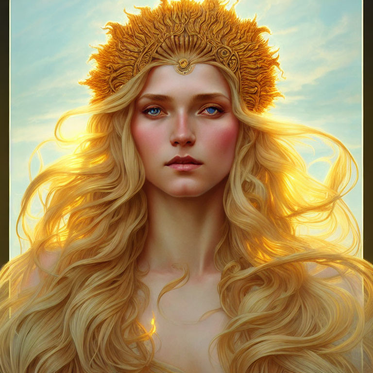 Woman with Golden Hair and Headpiece in Serene Sky