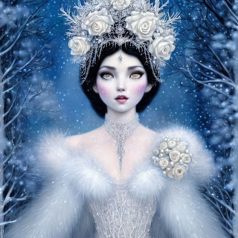 Pale-skinned woman with dark hair adorned with white roses and frost, embodying winter theme