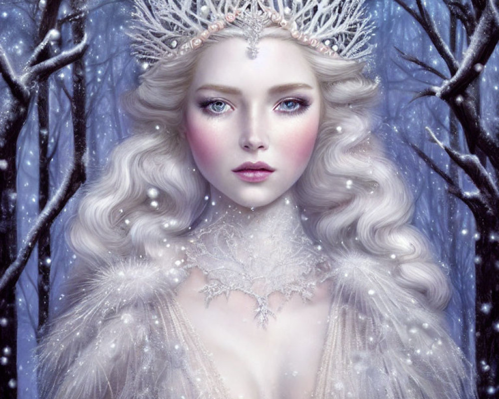 Mystical Ice Queen with Sparkling Crown in Enchanted Snowy Forest