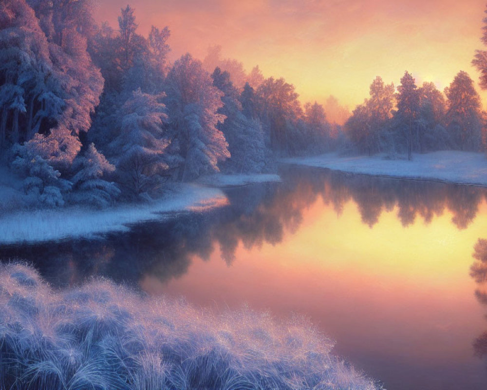 Snow-covered trees and calm lake in serene winter landscape