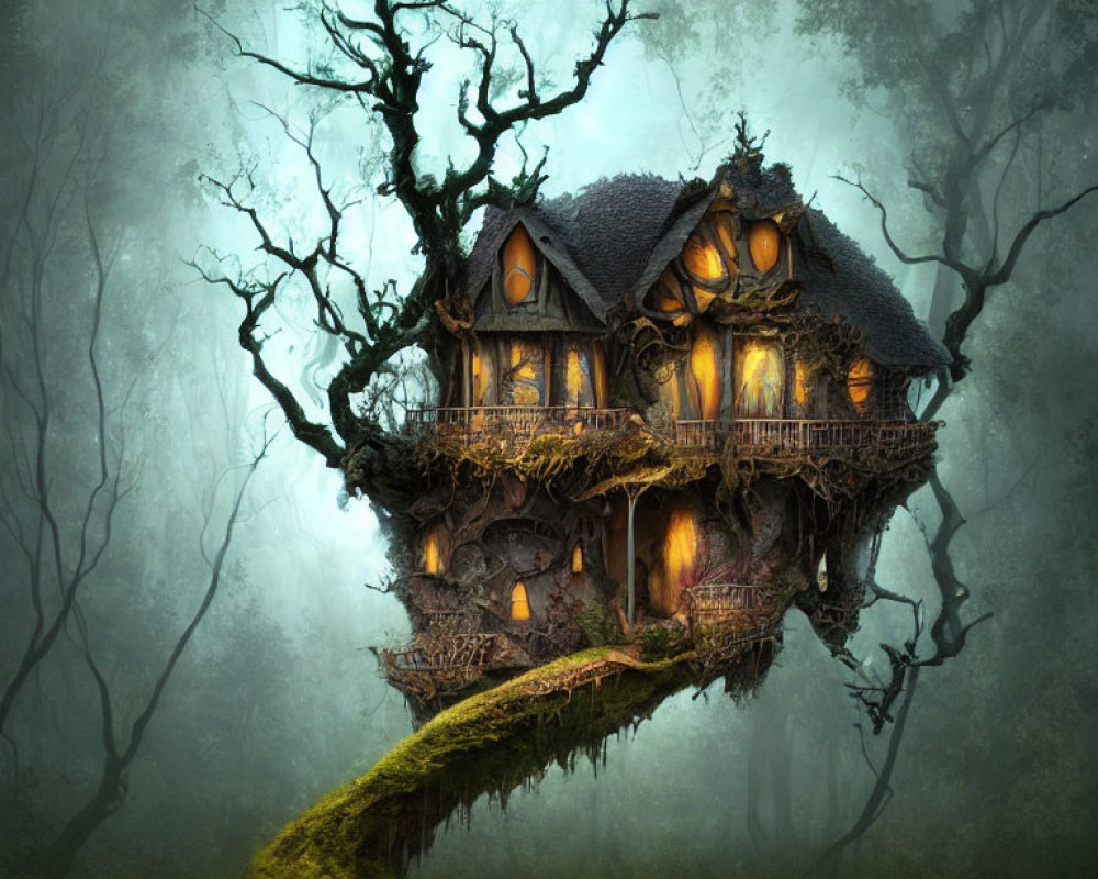 Misty forest treehouse with lit windows and twisted trees