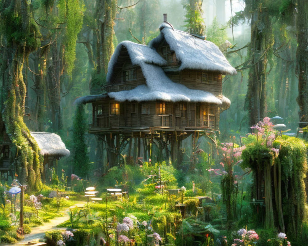 Whimsical cottage on stilts with thatched roof in sunlit forest clearing