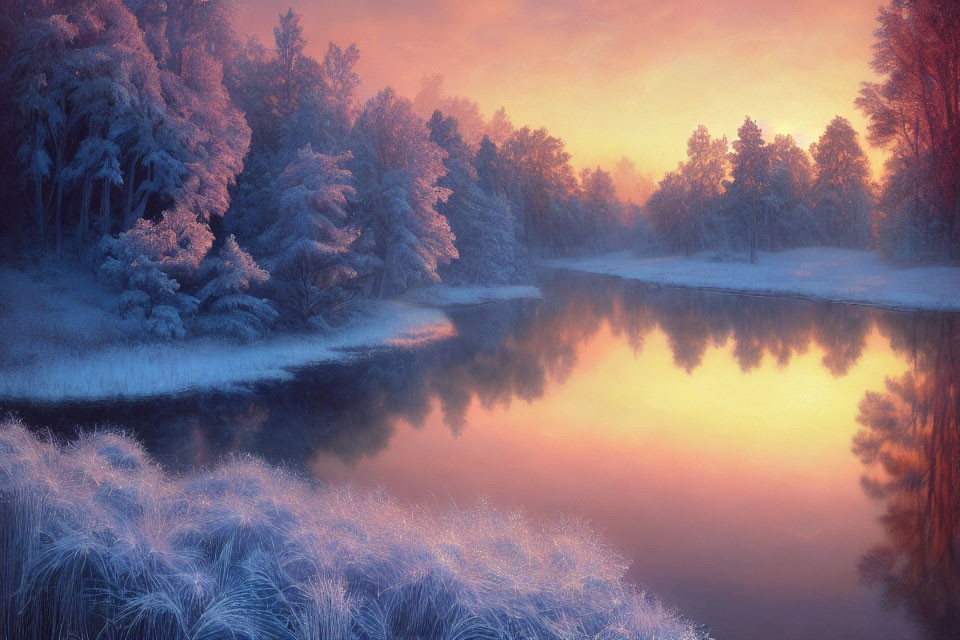 Snow-covered trees and calm lake in serene winter landscape