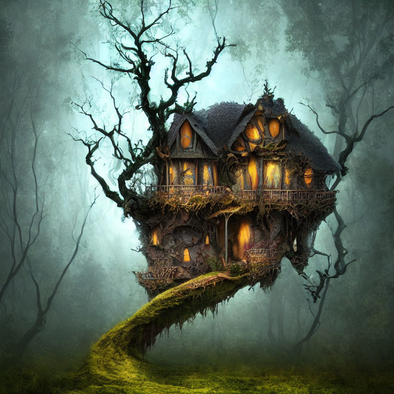 Misty forest treehouse with lit windows and twisted trees