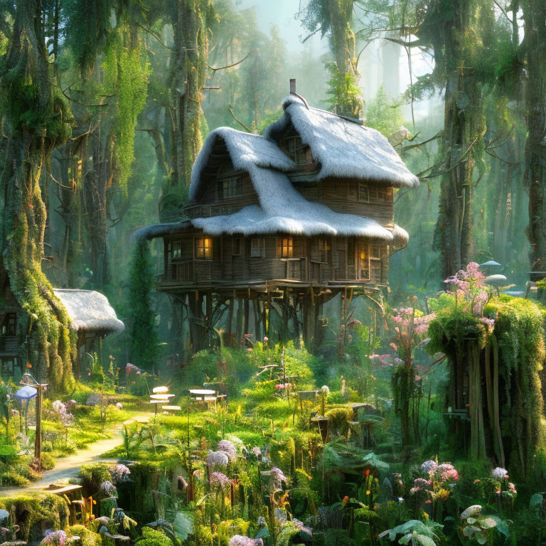 Whimsical cottage on stilts with thatched roof in sunlit forest clearing