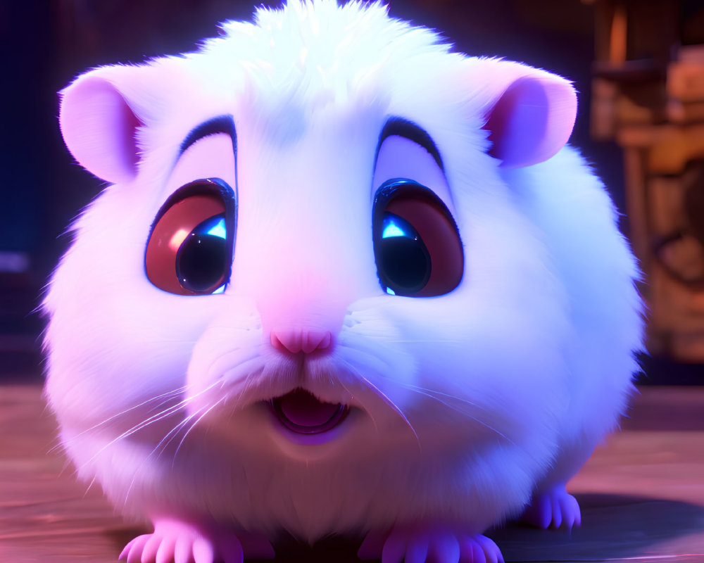 Fluffy white animated guinea pig with expressive eyes