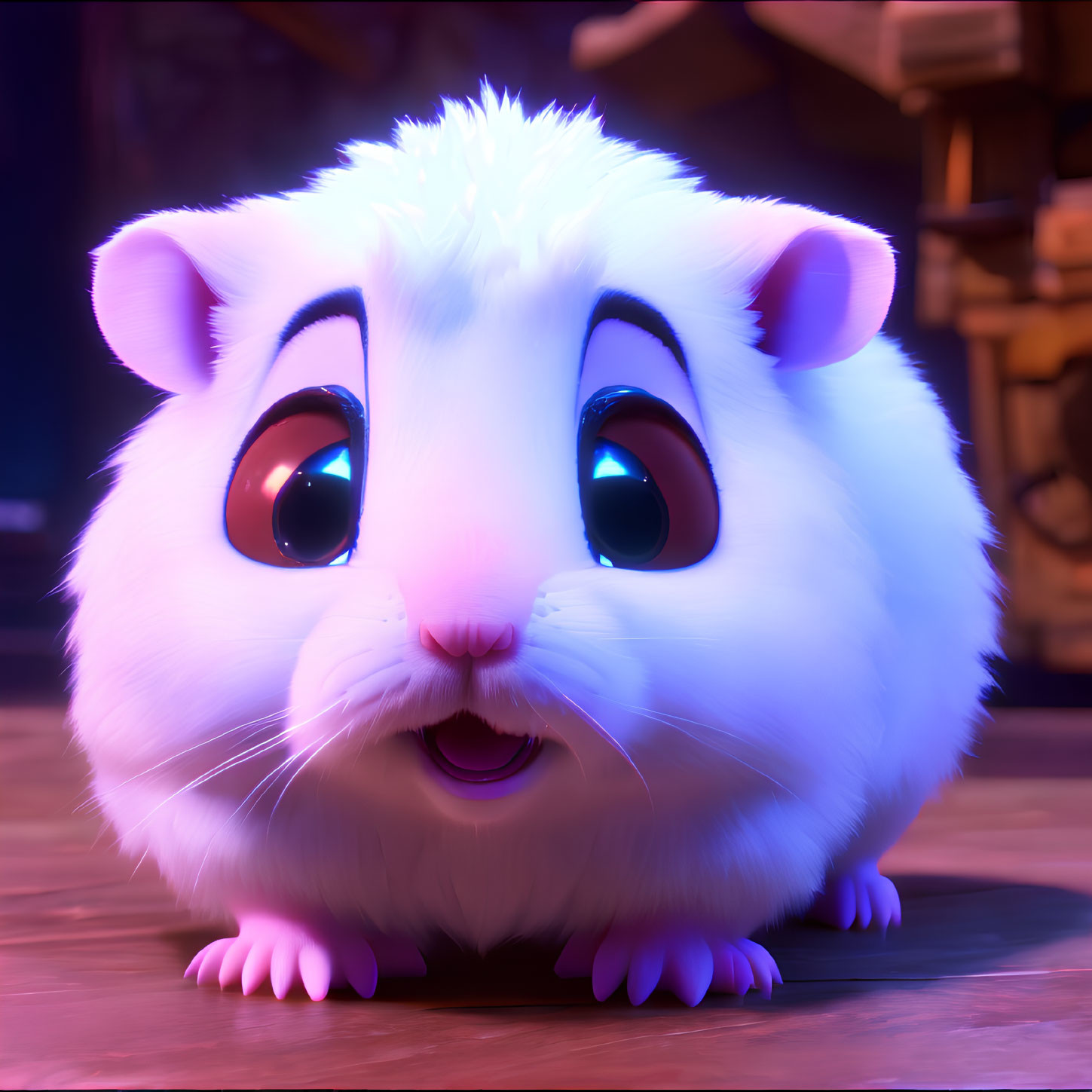 Fluffy white animated guinea pig with expressive eyes