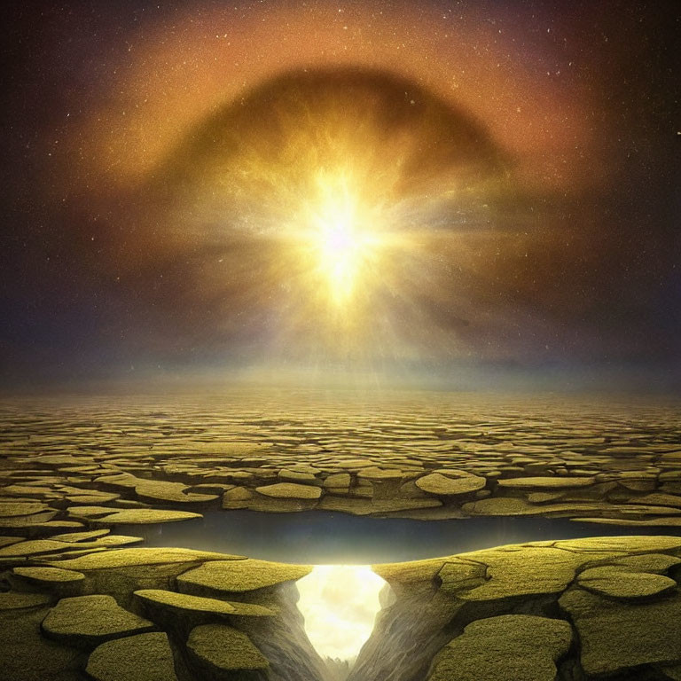 Cracked Desert Landscape with Radiant Sunset and Halo Sky