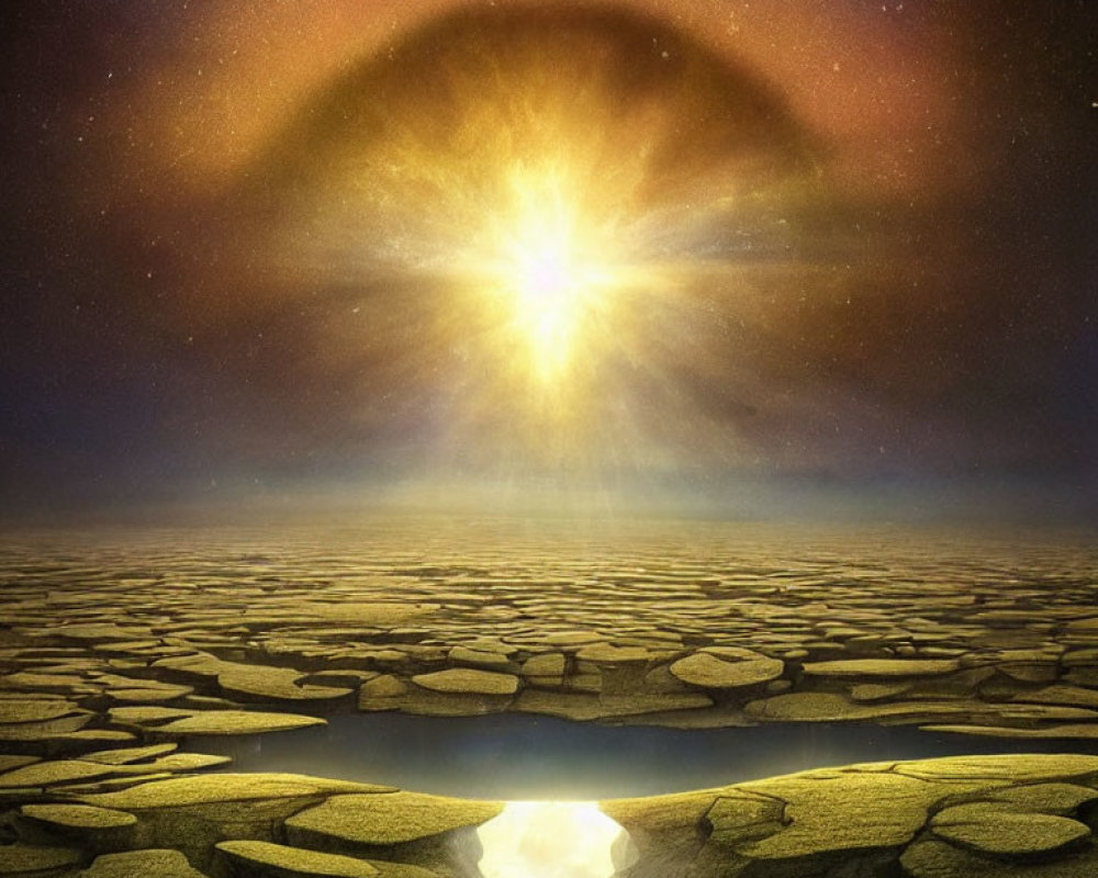 Cracked Desert Landscape with Radiant Sunset and Halo Sky