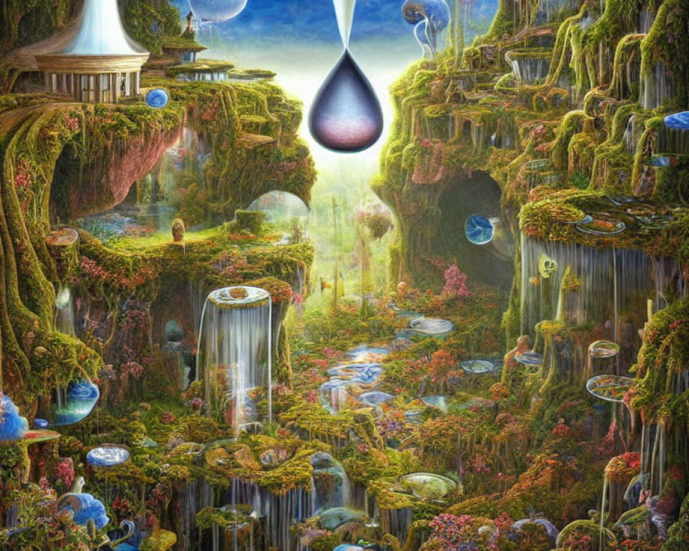 Fantasy landscape with vibrant flora, waterfalls, and jellyfish-like creatures