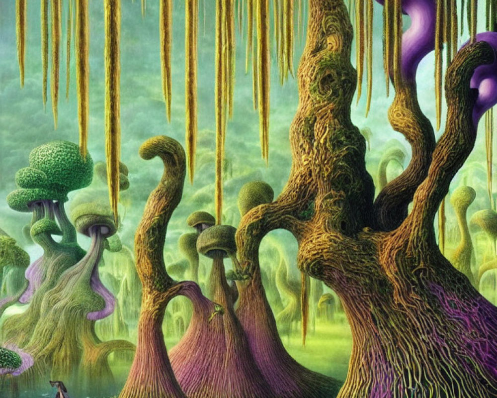 Elongated, twisted trees in vibrant surreal forest landscape