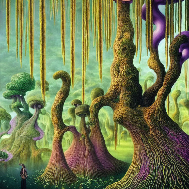 Elongated, twisted trees in vibrant surreal forest landscape