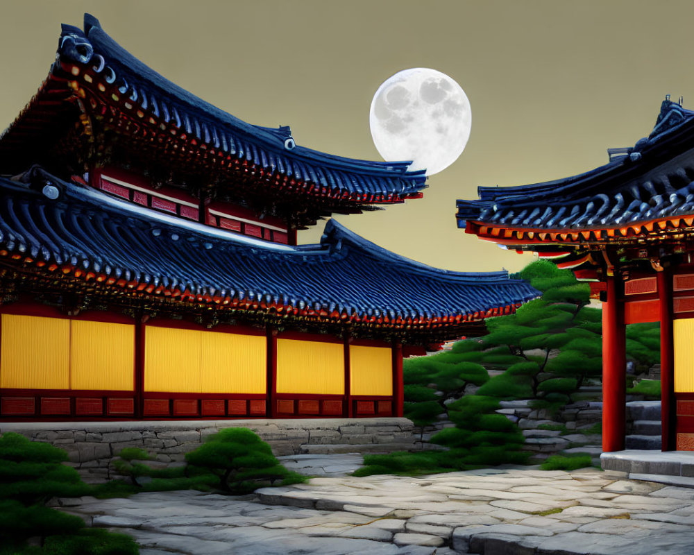 Nighttime scene of Korean-style architecture with tiled roofs, paper lanterns, sliding doors, and serene
